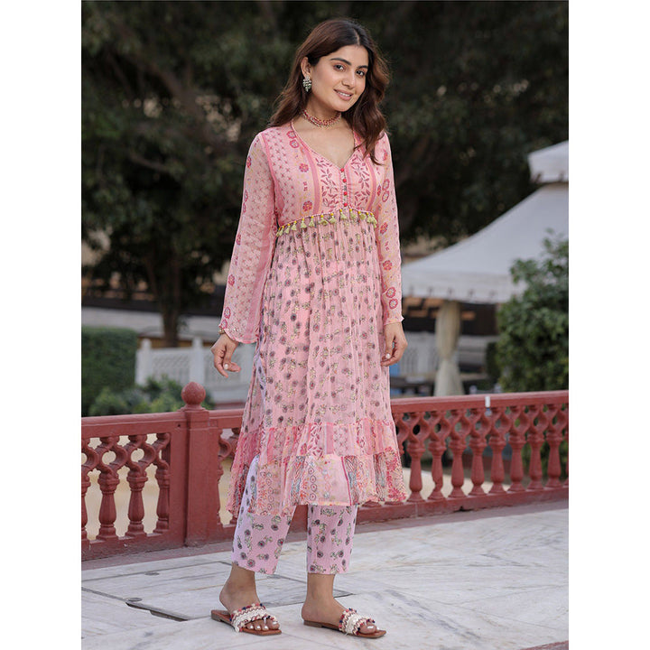 Juniper Peach Floral Printed High Slit Lacy Chiffon Kurta With Pants Set (2-Pcs)(Set of 2)