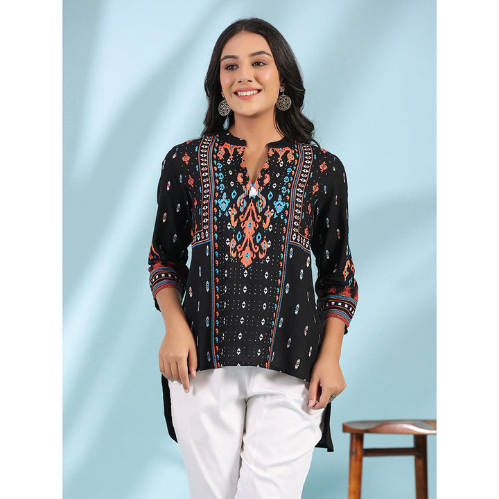 Juniper Black Rayon Ikat Placement Printed High-Low Tunic With Side Slits & Tassels