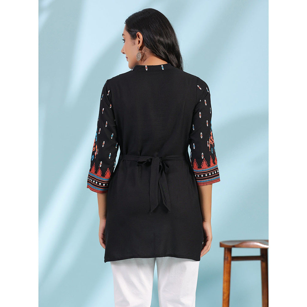 Juniper Black Rayon Ikat Placement Printed High-Low Tunic With Side Slits & Tassels