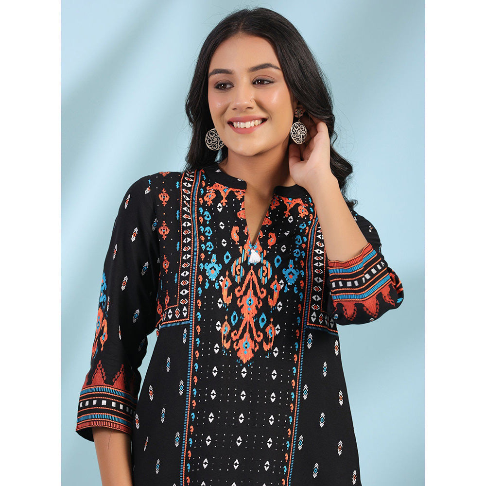 Juniper Black Rayon Ikat Placement Printed High-Low Tunic With Side Slits & Tassels