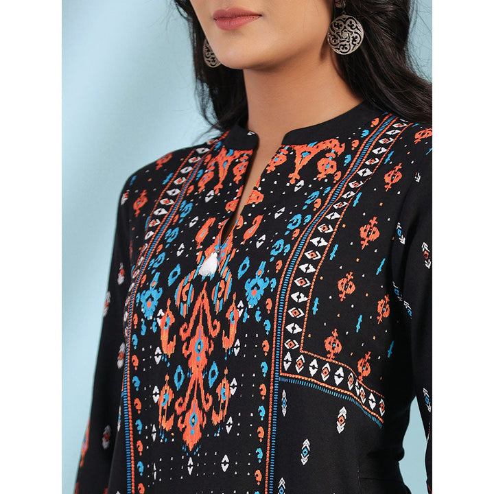 Juniper Black Rayon Ikat Placement Printed High-Low Tunic With Side Slits & Tassels