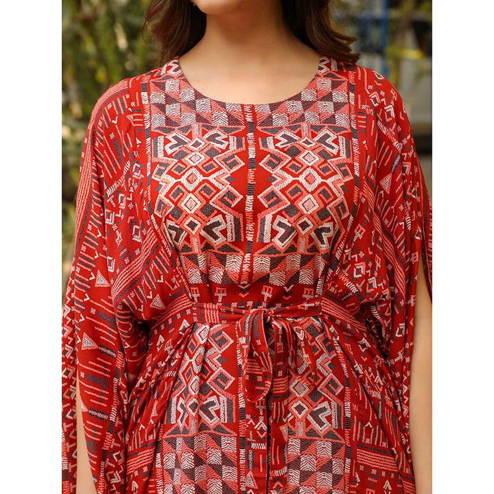 Juniper The Crafted Geometrics Rust Ikat Printed Rayon Kaftan Dress