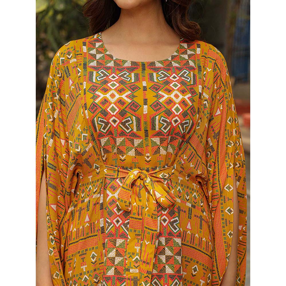 Juniper The Crafted Geometrics Mustard Ikat Printed Rayon Kaftan Dress