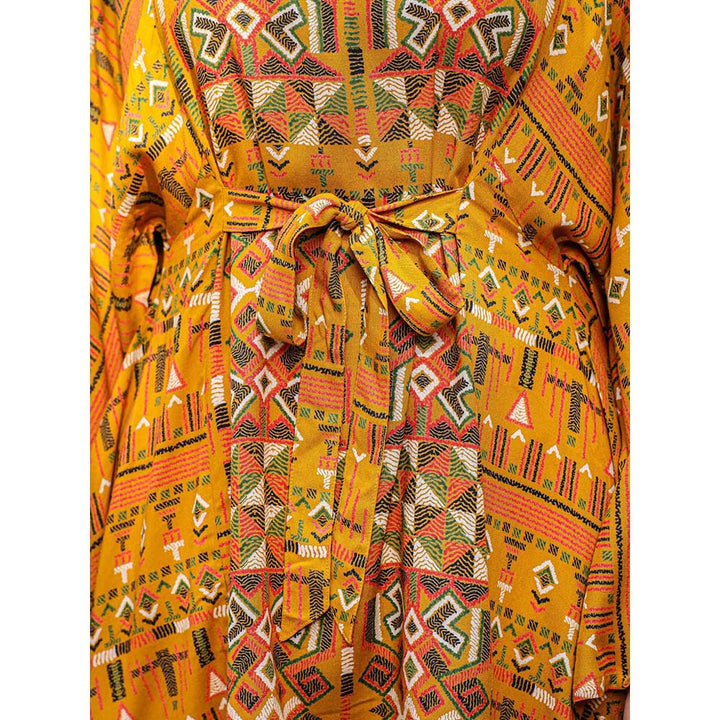 Juniper The Crafted Geometrics Mustard Ikat Printed Rayon Kaftan Dress