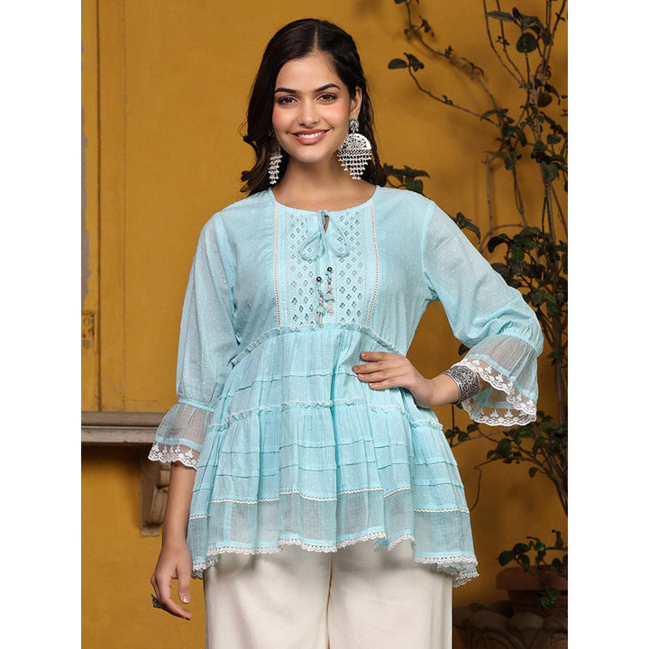 Juniper Sky Blue Solid Peplum Lacy Keyhole Neckline Tunic With Lining