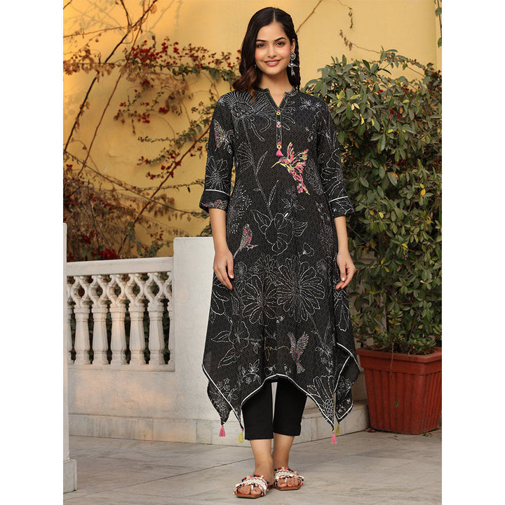 Juniper The Dhara Black Floral Printed Nylon Dobby Kurta