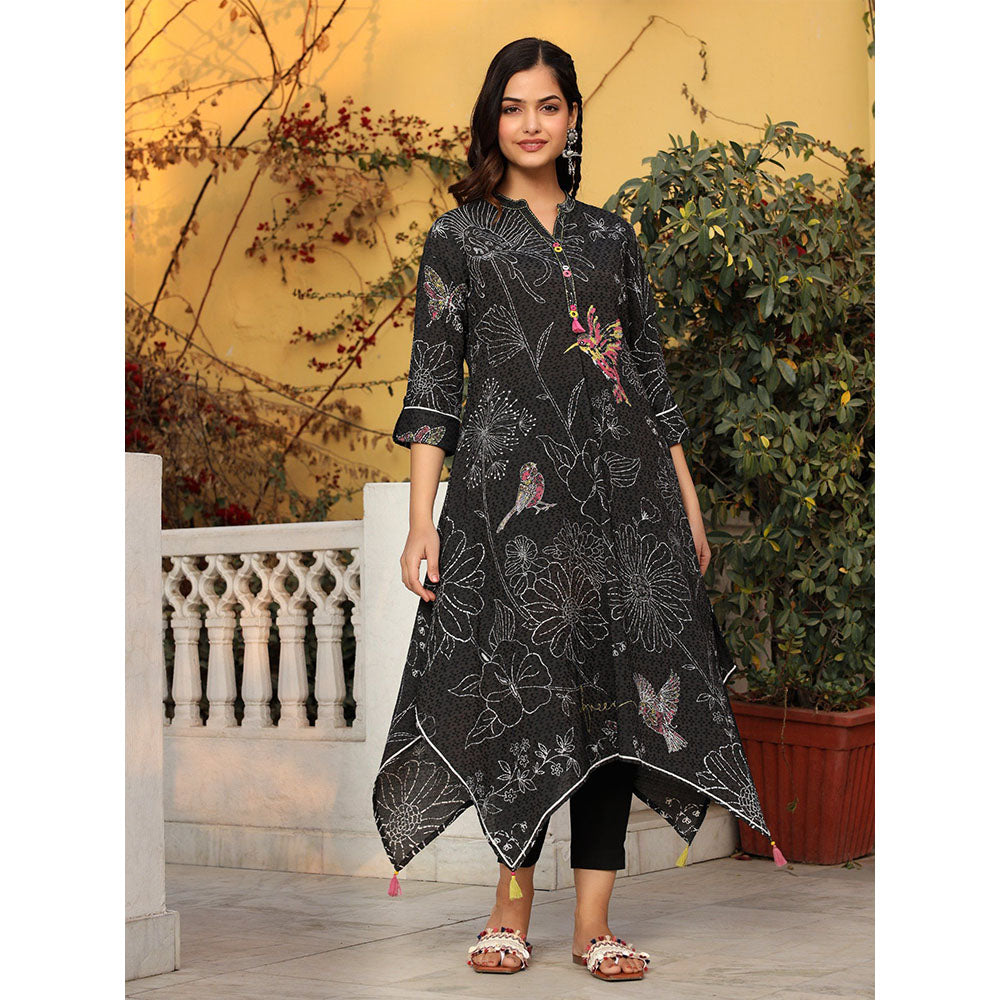 Juniper The Dhara Black Floral Printed Nylon Dobby Kurta