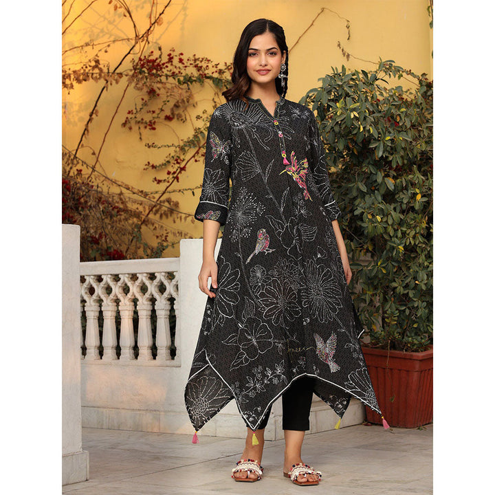 Juniper The Dhara Black Floral Printed Nylon Dobby Kurta