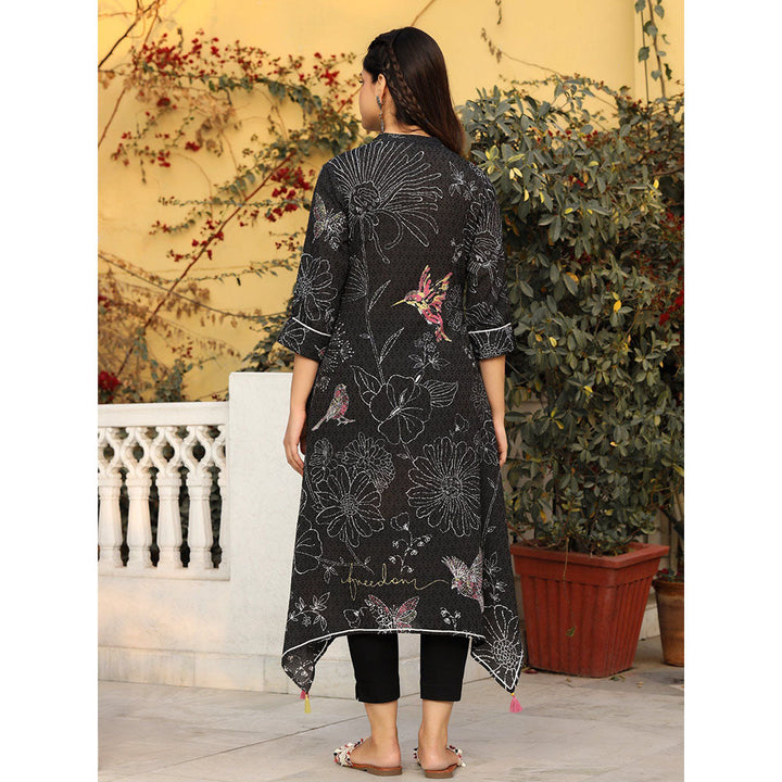 Juniper The Dhara Black Floral Printed Nylon Dobby Kurta