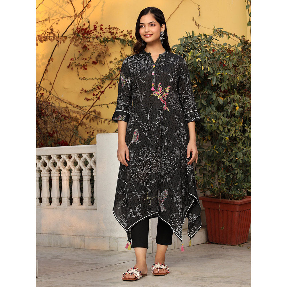 Juniper The Dhara Black Floral Printed Nylon Dobby Kurta