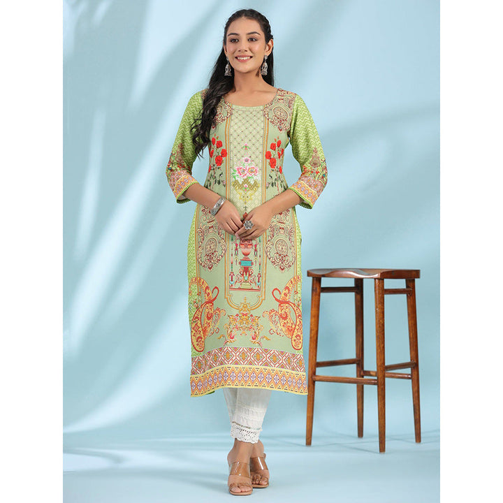 Juniper Green Rayon Floral Printed Round Neck Straight Kurta With Beadwork