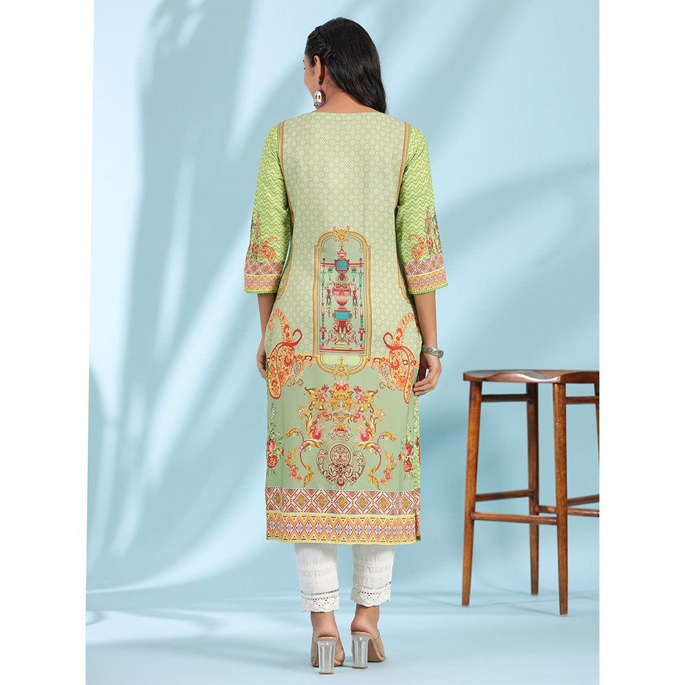 Juniper Green Rayon Floral Printed Round Neck Straight Kurta With Beadwork