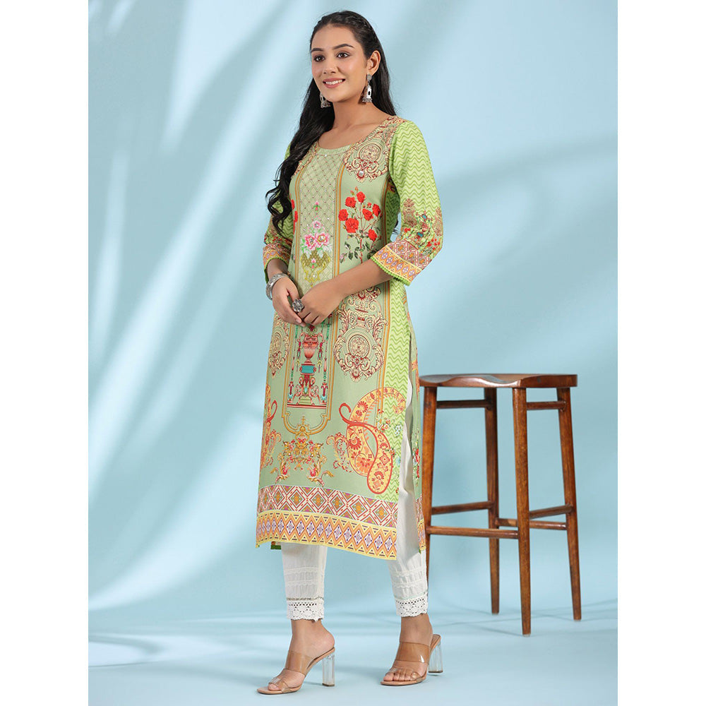 Juniper Green Rayon Floral Printed Round Neck Straight Kurta With Beadwork