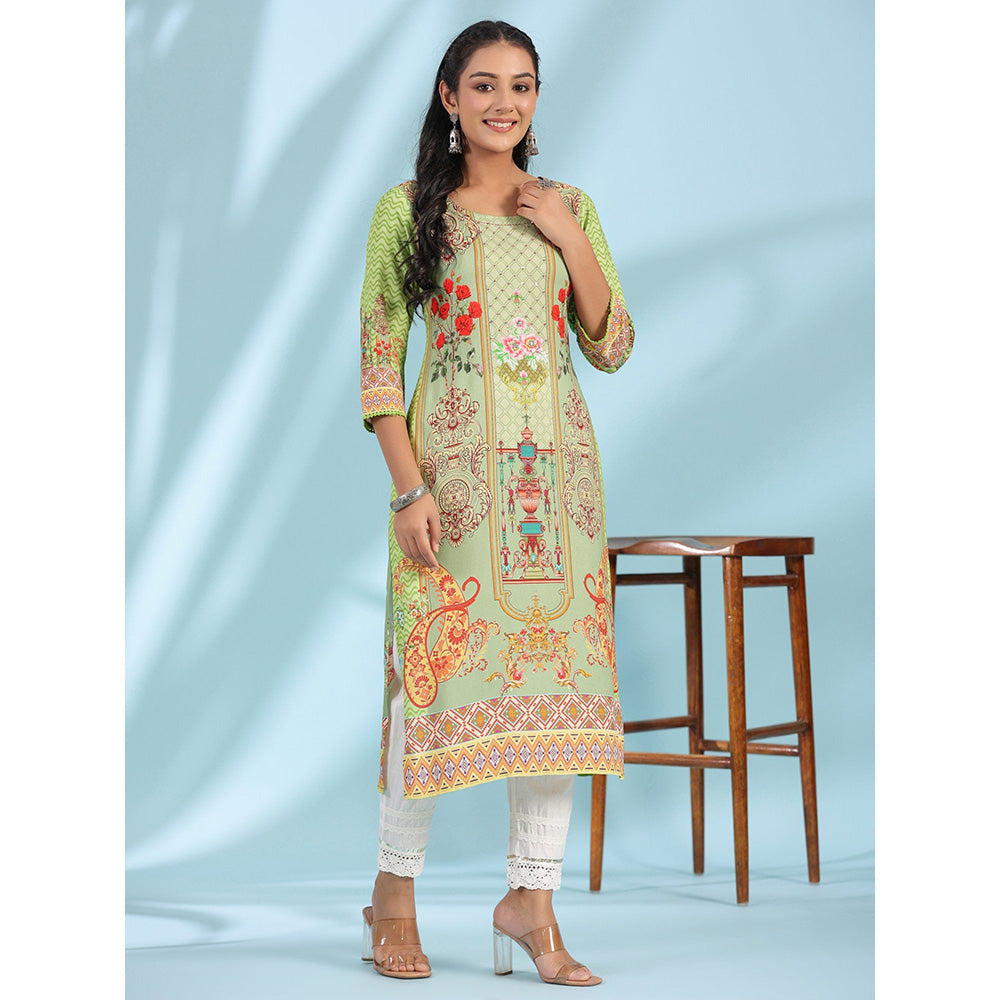 Juniper Green Rayon Floral Printed Round Neck Straight Kurta With Beadwork