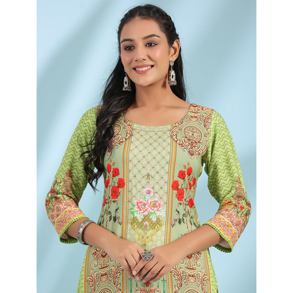 Juniper Green Rayon Floral Printed Round Neck Straight Kurta With Beadwork