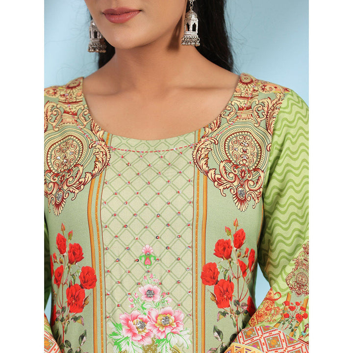 Juniper Green Rayon Floral Printed Round Neck Straight Kurta With Beadwork