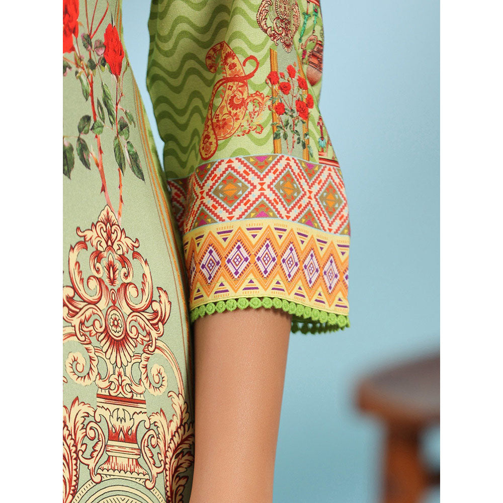 Juniper Green Rayon Floral Printed Round Neck Straight Kurta With Beadwork