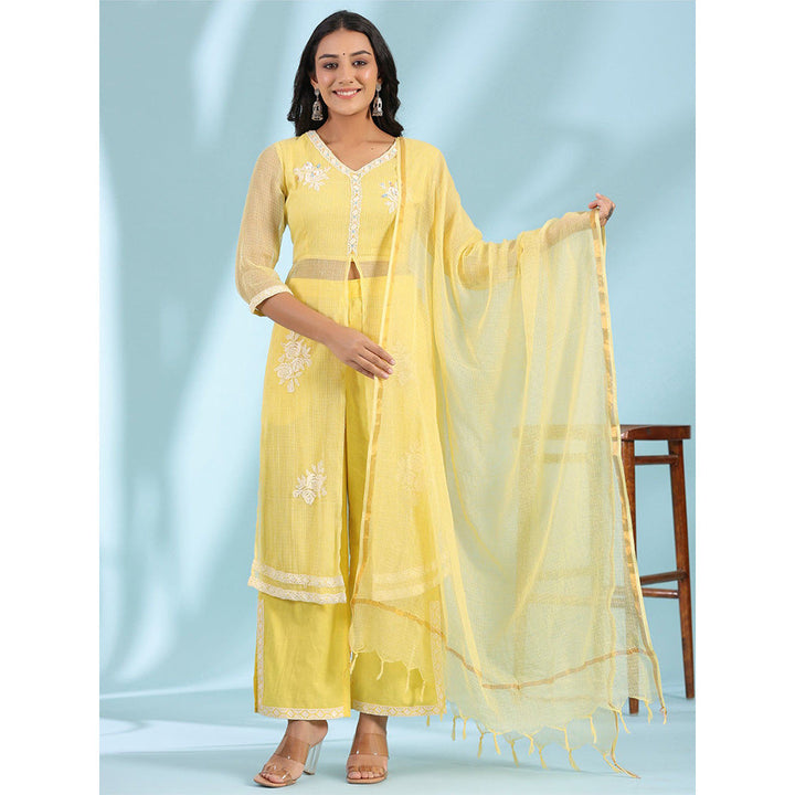 Juniper Yellow Floral Printed pure Cotton Kurta Palazzos & Kota Doria Dupatta with Beads Work