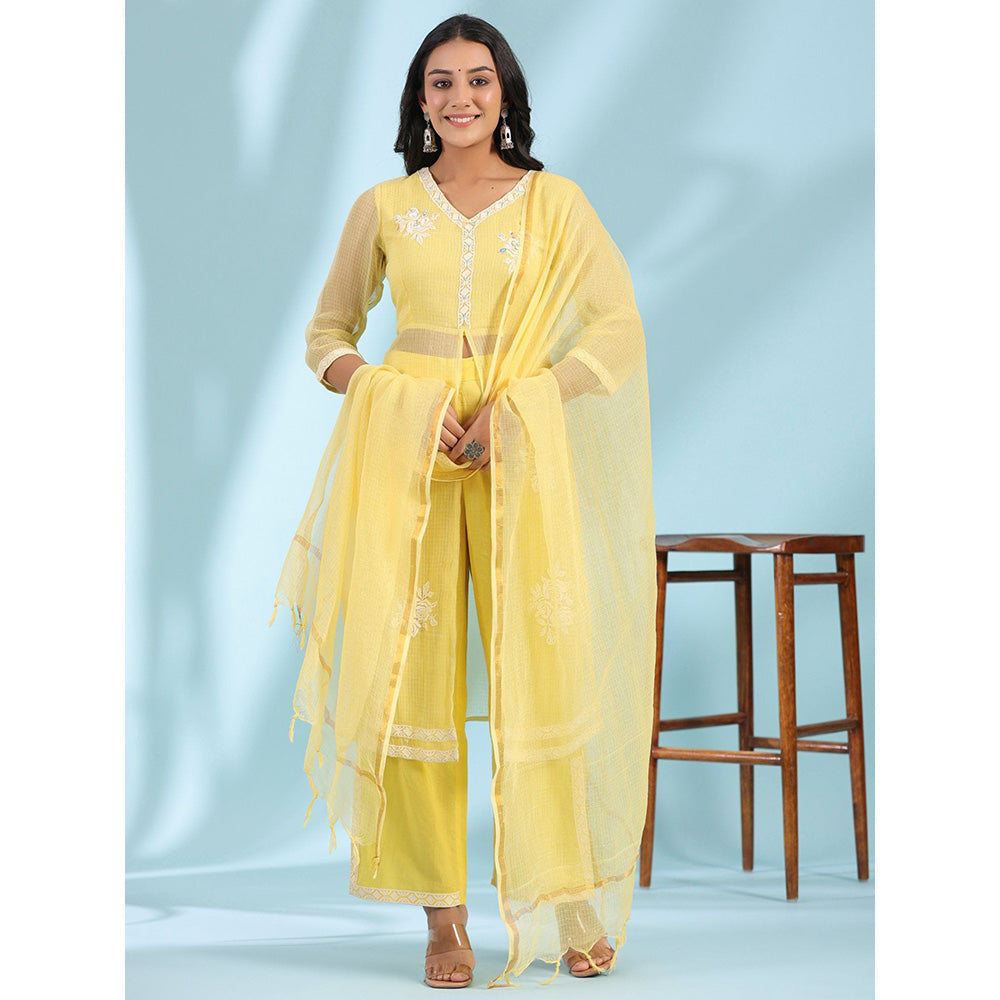 Juniper Yellow Floral Printed pure Cotton Kurta Palazzos & Kota Doria Dupatta with Beads Work