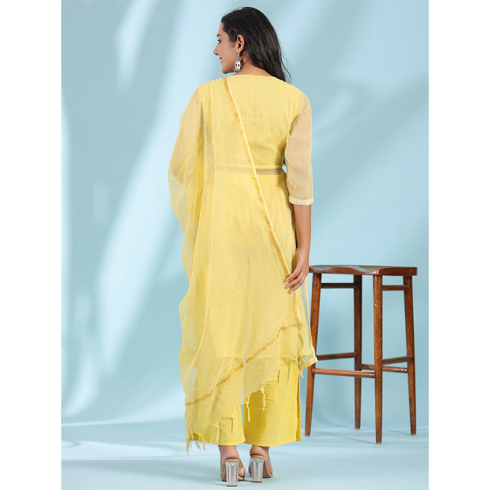 Juniper Yellow Floral Printed pure Cotton Kurta Palazzos & Kota Doria Dupatta with Beads Work