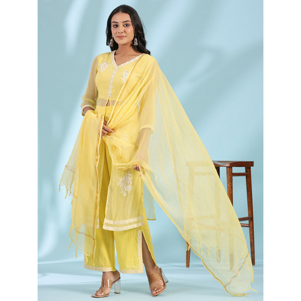 Juniper Yellow Floral Printed pure Cotton Kurta Palazzos & Kota Doria Dupatta with Beads Work