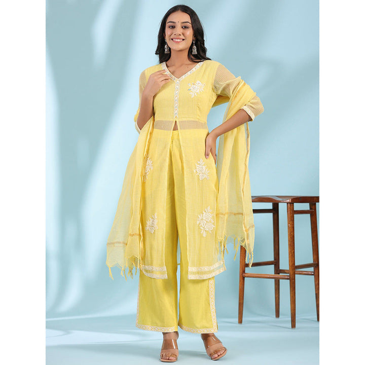 Juniper Yellow Floral Printed pure Cotton Kurta Palazzos & Kota Doria Dupatta with Beads Work