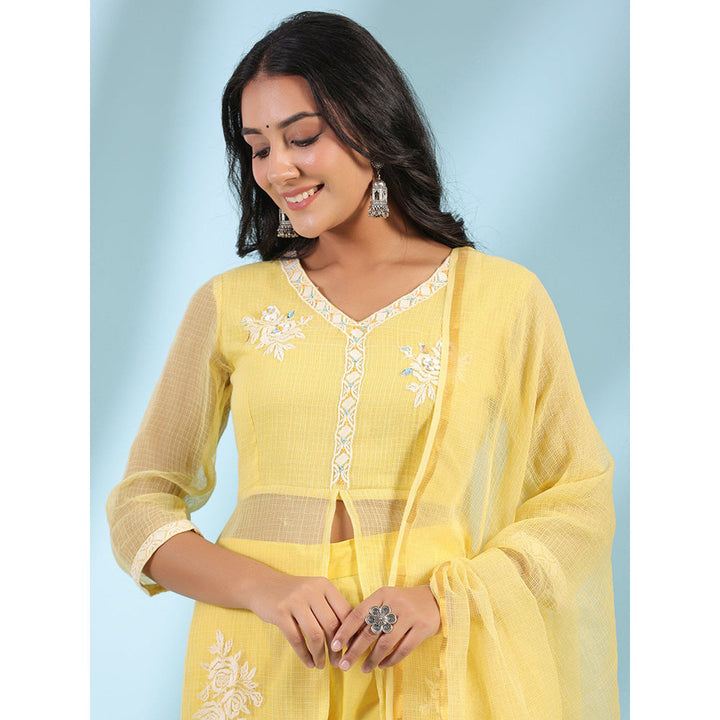 Juniper Yellow Floral Printed pure Cotton Kurta Palazzos & Kota Doria Dupatta with Beads Work