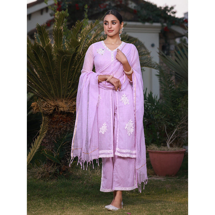 Juniper Lilac Floral Printed pure Cotton Kurta Palazzos & Kota Doria Dupatta with Beads Work