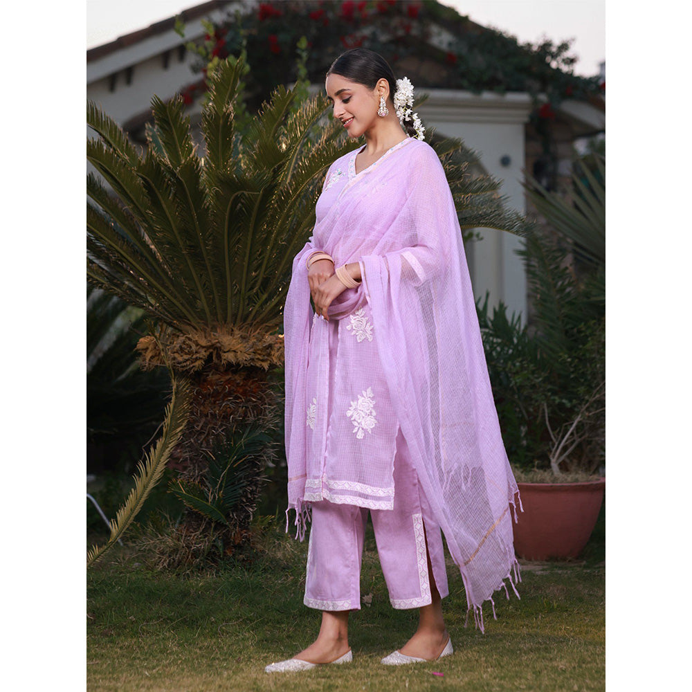 Juniper Lilac Floral Printed pure Cotton Kurta Palazzos & Kota Doria Dupatta with Beads Work