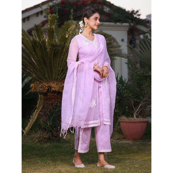 Juniper Lilac Floral Printed pure Cotton Kurta Palazzos & Kota Doria Dupatta with Beads Work