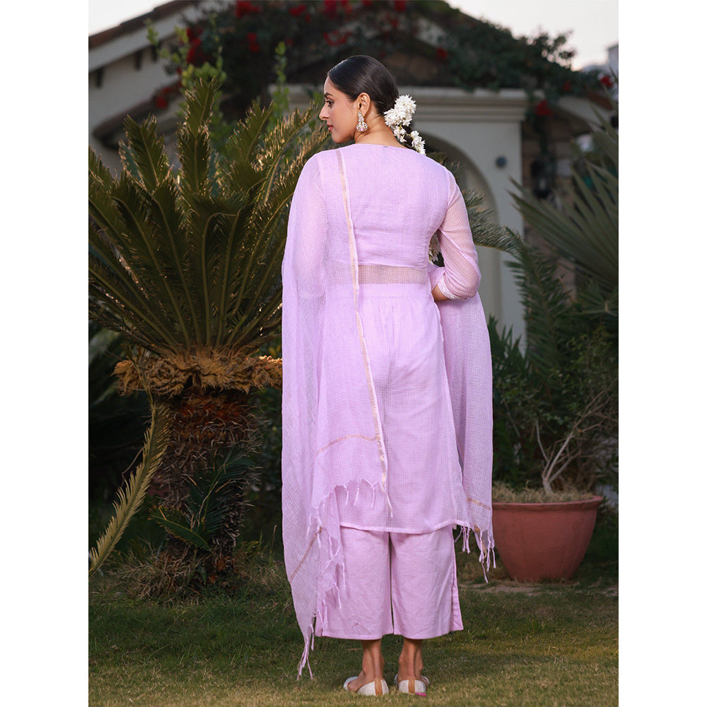 Juniper Lilac Floral Printed pure Cotton Kurta Palazzos & Kota Doria Dupatta with Beads Work