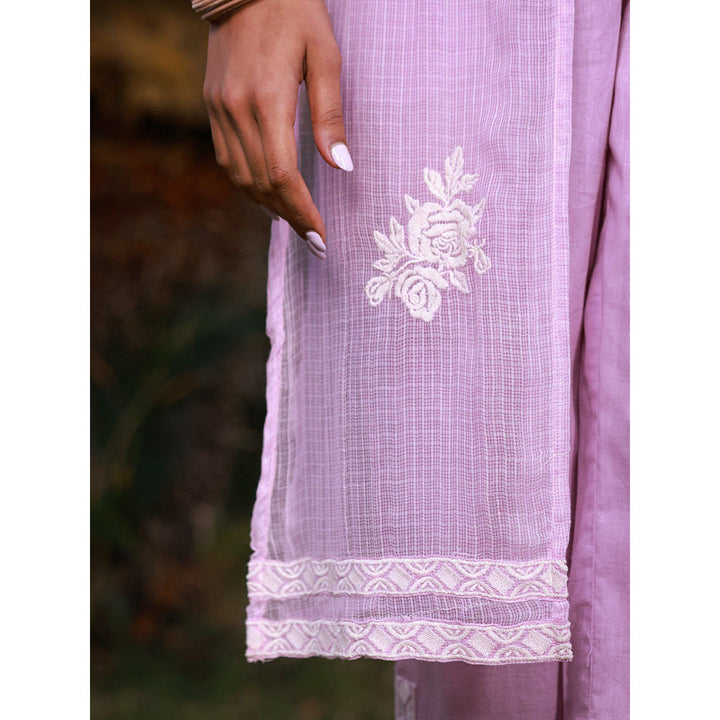 Juniper Lilac Floral Printed pure Cotton Kurta Palazzos & Kota Doria Dupatta with Beads Work