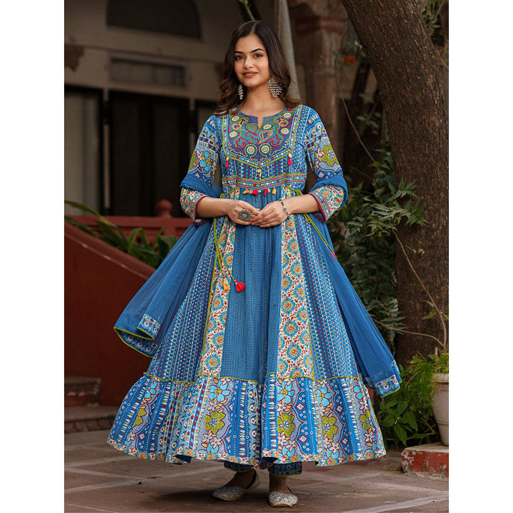 Juniper Blue Floral Printed Pure Cotton Anarkali Kurta Pants & Dupatta Set with Thread Work