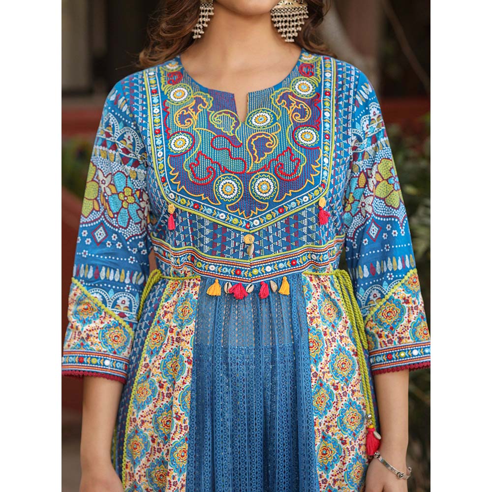 Juniper Blue Floral Printed Pure Cotton Anarkali Kurta Pants & Dupatta Set with Thread Work