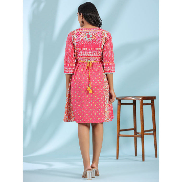 Juniper Pink Pure Cotton Floral Printed Panelled Short Dress With Tassels & Beadwork