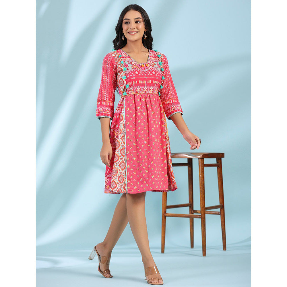 Juniper Pink Pure Cotton Floral Printed Panelled Short Dress With Tassels & Beadwork