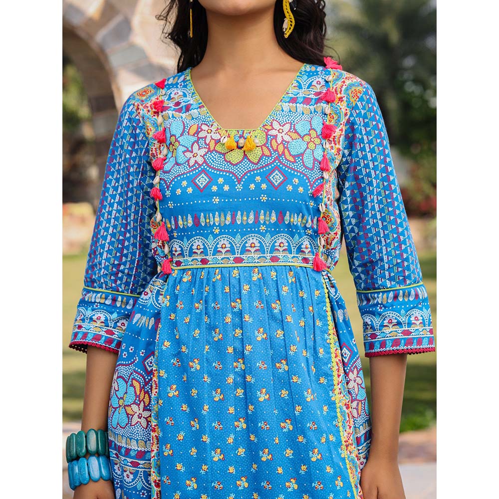 Juniper Blue Floral Printed Pure Cotton Dress with Beads & sequins Work