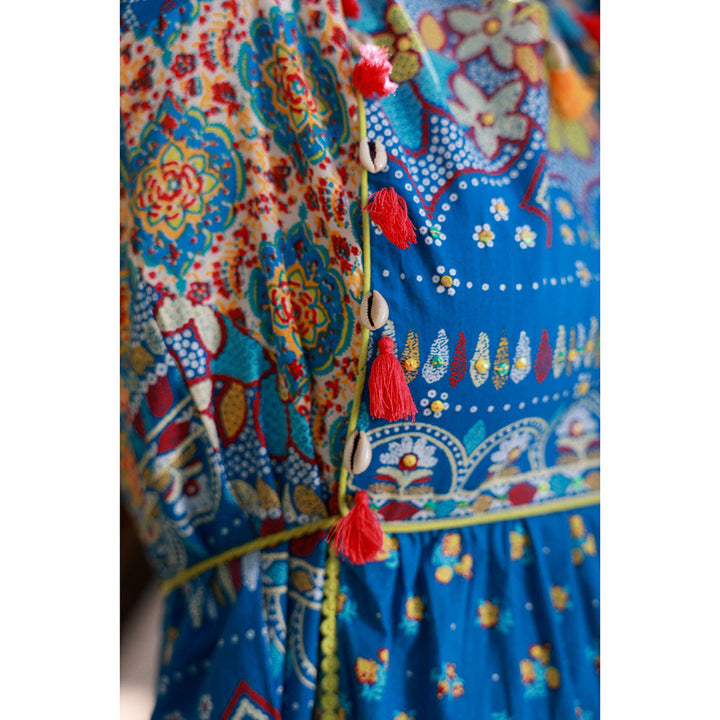 Juniper Blue Floral Printed Pure Cotton Dress with Beads & sequins Work
