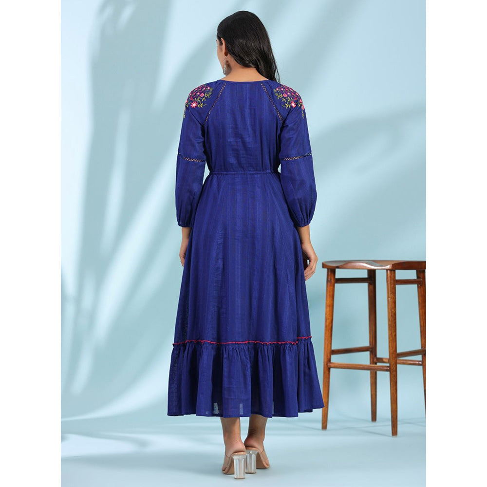 Juniper Indigo Floral Embroidered Cotton Dobby Tiered Maxi Dress With Kaudis & Tassels