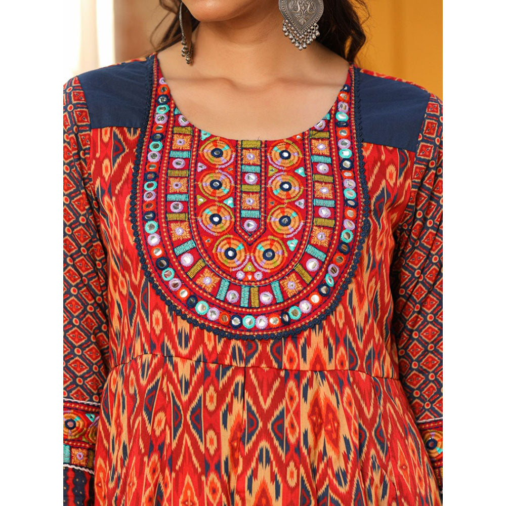 Juniper Rust Cotton Ikat Printed Layered Maxi Dress With Thread Embroidery & Dori Tassel