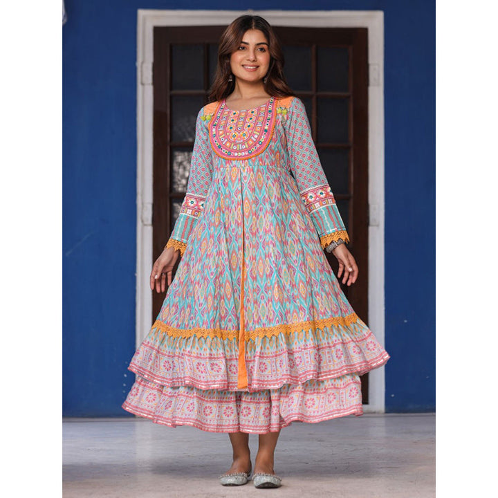 Juniper Sky Blue Cotton Ikat Printed Maxi Dress With Thread Embroidery & Dori Tassel