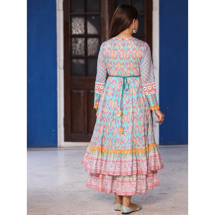 Juniper Sky Blue Cotton Ikat Printed Maxi Dress With Thread Embroidery & Dori Tassel