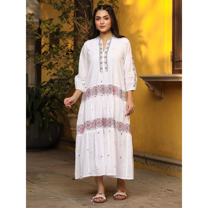 Juniper White Pure Cotton Teired Maxi Dress With Multi-Colored Embroidery Work