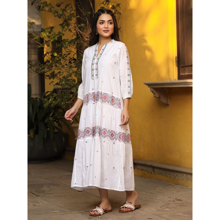Juniper White Pure Cotton Teired Maxi Dress With Multi-Colored Embroidery Work