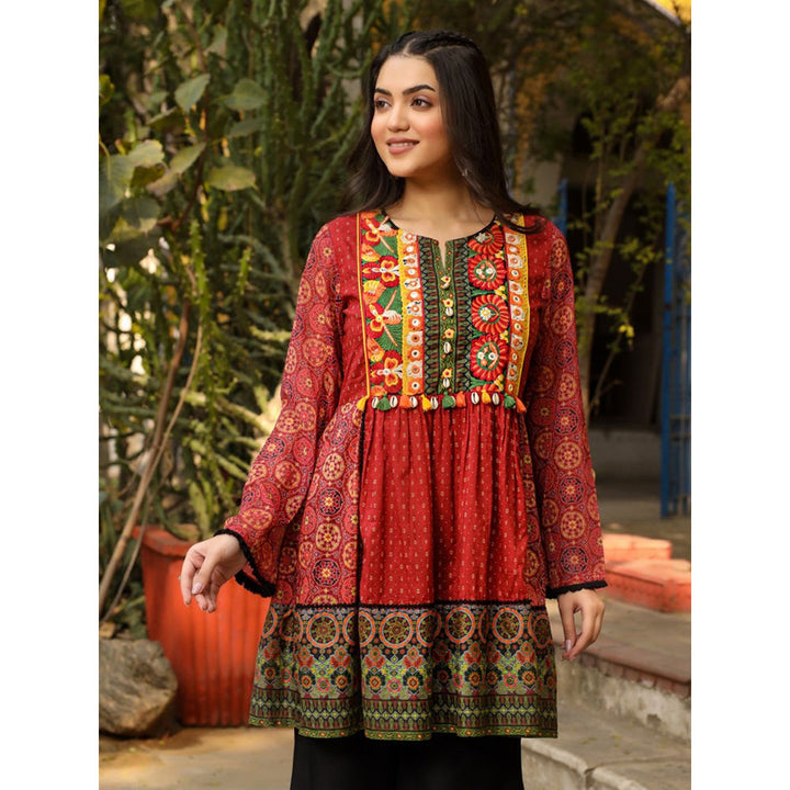 Juniper Rust Ethnic Motif Printed Cotton & Chiffon Peplum Tunic With Thread Embroidery Tassels