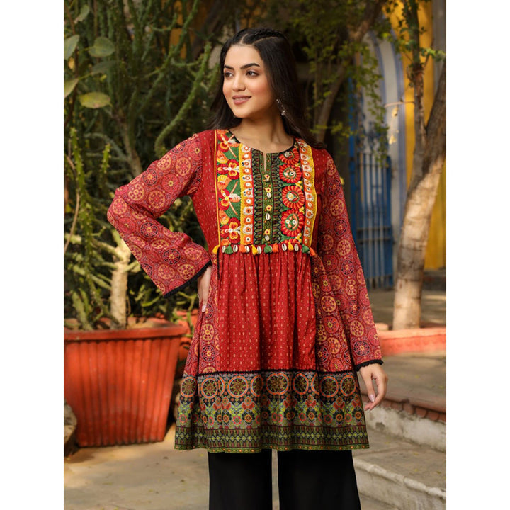 Juniper Rust Ethnic Motif Printed Cotton & Chiffon Peplum Tunic With Thread Embroidery Tassels