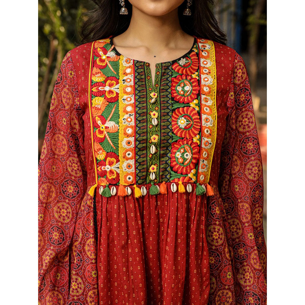 Juniper Rust Ethnic Motif Printed Cotton & Chiffon Peplum Tunic With Thread Embroidery Tassels