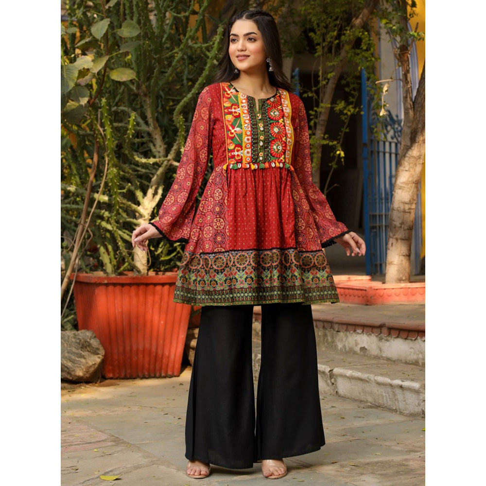 Juniper Rust Ethnic Motif Printed Cotton & Chiffon Peplum Tunic With Thread Embroidery Tassels