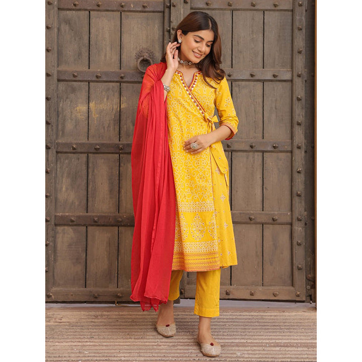 Juniper Mustard Bandhani Print Angrakha Cotton Kurta With Pants & Dupatta Set (Set of 3)