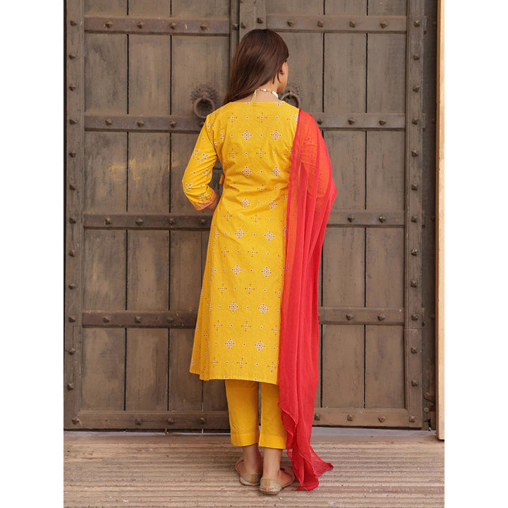 Juniper Mustard Bandhani Print Angrakha Cotton Kurta With Pants & Dupatta Set (Set of 3)